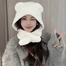Load image into Gallery viewer, Thickened Bear Ear Women Scarf Hat Knitted Scarf Integrated Knitted Pullover Cap Ear Protection Warm Cap Winter Accessories
