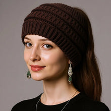 Load image into Gallery viewer, Warm Solid Color Ponytail Beanie Hat Headwear Ear Protection Women's Hat Thicken Knitting Headband Autumn
