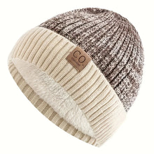 Load image into Gallery viewer, Men's sports knitted hat with CO UZZL 1978 faux leather patch - Navy blue and white striped winter hat
