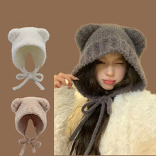 Load image into Gallery viewer, Cute Y2k Bear Ear Beanies Knitted Wool Hat with Rope Warm Beanies Cap Lace Up Thick Hip Hop Ear Protection Winter Hat
