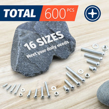 Load image into Gallery viewer, 600Pcs Screws Bolts and Nuts Assortment Kit Metric Machine Screws and Flat Washers M3 M4 M5 M6 Phillips Pan Head Sets - 16 Sizes

