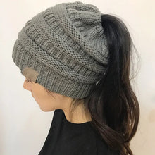 Load image into Gallery viewer, Women Winter Knitted Beanie Hat Messy Bun Ponytail Beanie Holey Warm Wool Beanie Hats
