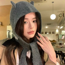 Load image into Gallery viewer, Cute Korean Style Scarf Hat Niche Knitted Bomber Hat Integrated Versatile Retro Balaclava Hats Women Autumn Winter
