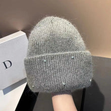 Load image into Gallery viewer, 1PC New Winter Rhinestone min Knitted Hat Fashionable And Warm Rabbit Fur Ear Protection Hat Double Folded Hat
