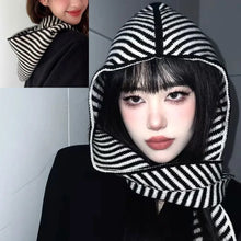 Load image into Gallery viewer, Coldproof Striped Scarf Hat Wool Yarn Neck Warmer Hooded Hat Windproof Knitted Warm Shawl Neck Beanie Women Wear
