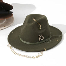 Load image into Gallery viewer, Russian Style Fedora Hat with Pearl Chain Metal Shells Felt Cowboy Hat for Autumn Winter Women Fashion Womens Wide Brim Hat
