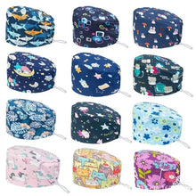 Load image into Gallery viewer, Unisex Cartoon Printing Scrub Cap Adjustable Buckle Print Design Nursing Cap Pure Breathable Soft Lab Scrub Hat Operating Room
