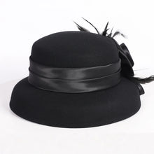 Load image into Gallery viewer, Women's Black Wool Felt Cloche Hat with Flower Feather Winter Hepburn Style Formal Church Tea Party Dress Cocktail Bucket Hats
