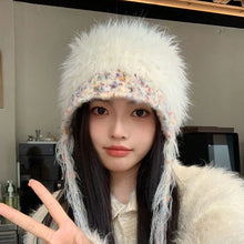 Load image into Gallery viewer, Versatile INS Style Pullover Cap Ear Protection Mixed-color Straps Bomber Hats Big Head Handmade Knitted Cap Women Girls Maiden
