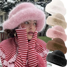 Load image into Gallery viewer, Fashion Headwear Fluffy Fur Winter Hat Solid Color Thicken Bucket Hat Cold Windproof Fisherman Hat for Women Girls
