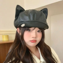 Load image into Gallery viewer, New Cat Ear Newsboy Hat Solid Color Casual Beret Hat PU Leather Personalized Peaked Cap Ladies Women Girls
