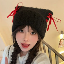Load image into Gallery viewer, Cute Windproof Cat Ear Beanie Thickened Warm Sweet Bow Ribbon Pullover Hat Color Straps Handmade Beanie for Women Girl
