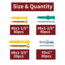 Load image into Gallery viewer, 220pcs Drywall Anchors and Screws Assortment kit with Organizer Box Fasteners Tools #8x1-3/5'' #8x1-3/5'' #5x1''cessories
