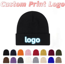 Load image into Gallery viewer, Customized Printed Logo Winter Knitted Keep Warm Cold Cap Unisex Solid Color Hip Hop Crochet Skull Beanie Hats

