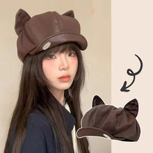 Load image into Gallery viewer, New Cat Ear Newsboy Hat Solid Color Casual Beret Hat PU Leather Personalized Peaked Cap Ladies Women Girls

