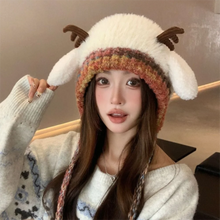 Load image into Gallery viewer, New Fur Deer Storage Hat Ear Protection Warm Knitted Deer Antler Hat Windproof Adjustable Earmuffs Hat Outdoor
