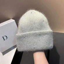 Load image into Gallery viewer, 1PC New Winter Rhinestone min Knitted Hat Fashionable And Warm Rabbit Fur Ear Protection Hat Double Folded Hat
