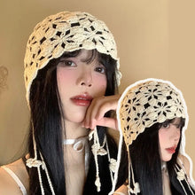 Load image into Gallery viewer, Bohemian Style Hand-knitted Hollow Flowers Hat Elegant Soft Women Hat Crochet Fringed Cute Beret Cap for Women Photography
