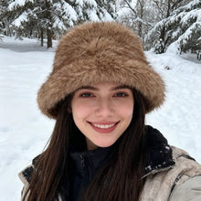 Load image into Gallery viewer, Warm Fluffy Fur Bucket Hat Cold Thicken Fisherman Hat Ear Protection Snowy Day Panama Cap for Outdoor Skiing Cycling Activities
