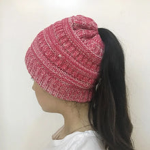 Load image into Gallery viewer, Women Winter Knitted Beanie Hat Messy Bun Ponytail Beanie Holey Warm Wool Beanie Hats
