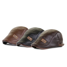 Load image into Gallery viewer, Men Fashion Retro PU Leather Beret Hats Autumn Winter Leather Beret Hat Middle-aged Men's Visor Warm Flat Peaked Cap Adjustable
