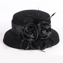 Load image into Gallery viewer, Women's Black Wool Felt Cloche Hat with Flower Feather Winter Hepburn Style Formal Church Tea Party Dress Cocktail Bucket Hats
