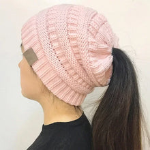Load image into Gallery viewer, Women Winter Knitted Beanie Hat Messy Bun Ponytail Beanie Holey Warm Wool Beanie Hats
