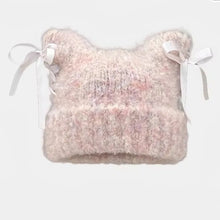 Load image into Gallery viewer, Cute Windproof Cat Ear Beanie Thickened Warm Sweet Bow Ribbon Pullover Hat Color Straps Handmade Beanie for Women Girl
