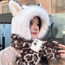 Load image into Gallery viewer, Warm Thickened Winter Scarf Hat Two-Piece Set Windproof Neck Warmer Leopard Print Integrated Scarf Hat Women
