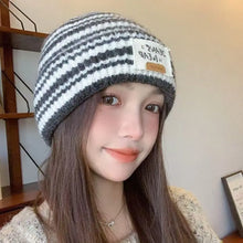 Load image into Gallery viewer, Fashion Warm Winter Hat Ear Protection Striped Knitted Cap Korean Style Elastic Beanie Hats Women
