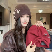 Load image into Gallery viewer, Fashion Star Pattern Knitted Woolen Hat Thickened Cold-proof Cover Head Cap Windproof Keep Warm Drawstring Beanie Cap Women
