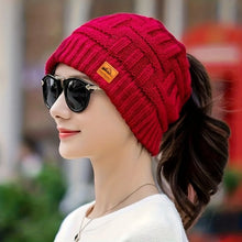 Load image into Gallery viewer, Fashion Crochet Ponytail Winter Hats Knitted Warm Knitted Cap Thicken Solid Color Skullies Ladies'
