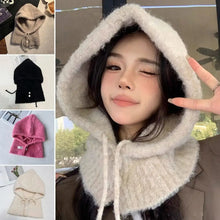 Load image into Gallery viewer, Solid Color Women Balaclava Hat and Scarf Integrated Plush Knitted Pullover Hat Winter Warmer Knitted Beanies Cold Weather
