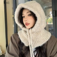 Load image into Gallery viewer, Solid Color Women Balaclava Hat and Scarf Integrated Plush Knitted Pullover Hat Winter Warmer Knitted Beanies Cold Weather
