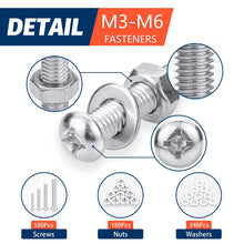 Load image into Gallery viewer, 600Pcs Screws Bolts and Nuts Assortment Kit Metric Machine Screws and Flat Washers M3 M4 M5 M6 Phillips Pan Head Sets - 16 Sizes
