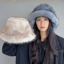 Load image into Gallery viewer, Warm Fluffy Fur Bucket Hat Cold Thicken Fisherman Hat Ear Protection Snowy Day Panama Cap for Outdoor Skiing Cycling Activities
