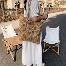 Load image into Gallery viewer, Square Hollow Straw Beach Bag Handmade Woven Shoulder Bag Raffia Rattan Shopping Travel Bag Bohemian Summer Vacation Casual Tote
