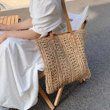 Load image into Gallery viewer, Square Hollow Straw Beach Bag Handmade Woven Shoulder Bag Raffia Rattan Shopping Travel Bag Bohemian Summer Vacation Casual Tote
