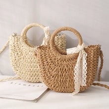 Load image into Gallery viewer, Straw Bag Women Hand-Woven Handbag Moon Shape Lace Bow Rattan Bag Big Capacity Drawstring Casual Beach Shoulder Crossbody Bag
