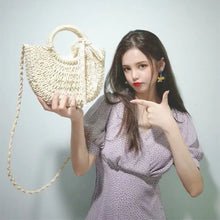 Load image into Gallery viewer, Straw Bag Women Hand-Woven Handbag Moon Shape Lace Bow Rattan Bag Big Capacity Drawstring Casual Beach Shoulder Crossbody Bag
