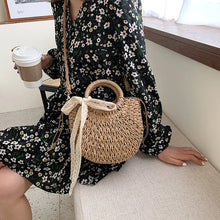 Load image into Gallery viewer, Straw Bag Women Hand-Woven Handbag Moon Shape Lace Bow Rattan Bag Big Capacity Drawstring Casual Beach Shoulder Crossbody Bag
