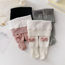 Load image into Gallery viewer, Suefunskry Toddler Girl Knitted Leggings Elastic Band Bow Decora Tights Fleece-lined Thick Pantyhose Winter Warm Stockings
