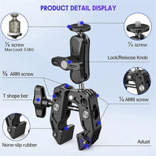 Load image into Gallery viewer, Super Clamp Camera Clamp Mount Monitor 360° Ballhead Magic Arm Adapter with1/4"-20 3/8" for Canon Nikon DSLR Camera/Gopro/Lights
