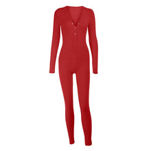 Load image into Gallery viewer, Women's Pajamas Onesies Sleepwear Button-down Front Sexy  Buttoned Flap Pijama V-neck Long Sleeve Jumpsuit Female Home Clothes
