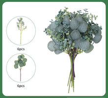 Load image into Gallery viewer, 12PCs Artificial Eucalyptus Leaf Green Plant Dining Table Flower Arrangement Hand Feel Mixed Eucalyptus Handle Bundle
