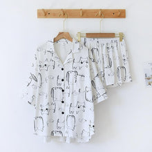 Load image into Gallery viewer, Pencil Cat! Summer New Ladies Pajamas Two-piece Large Size Short-sleeved Shorts Thin 100%Cotton Comic Cartoon Loose Home Service

