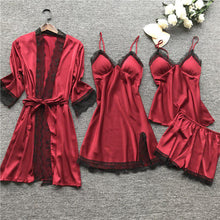 Load image into Gallery viewer, New Stain Black Lace Fashion Women Sleepwear With Chest Pad Nightdress Shorst Cardigan Set Pajamas
