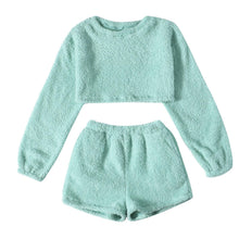 Load image into Gallery viewer, Women's Fuzzy Lounge Casual Pajamas Sets Long Sleeve Fleece Pullover and Shorts Pants Set 2 Piece Fluffy Loungewear Sleepwear

