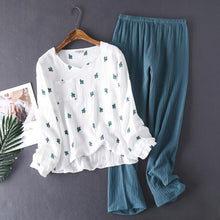 Load image into Gallery viewer, New Japanese Style Spring and Autumn Ladies Cotton Crepe Cloth Long-sleeved Trousers Pajamas Cactus Comfortable Home Service
