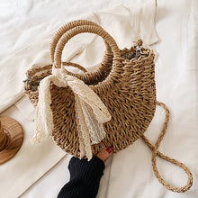 Load image into Gallery viewer, Straw Bag Women Hand-Woven Handbag Moon Shape Lace Bow Rattan Bag Big Capacity Drawstring Casual Beach Shoulder Crossbody Bag
